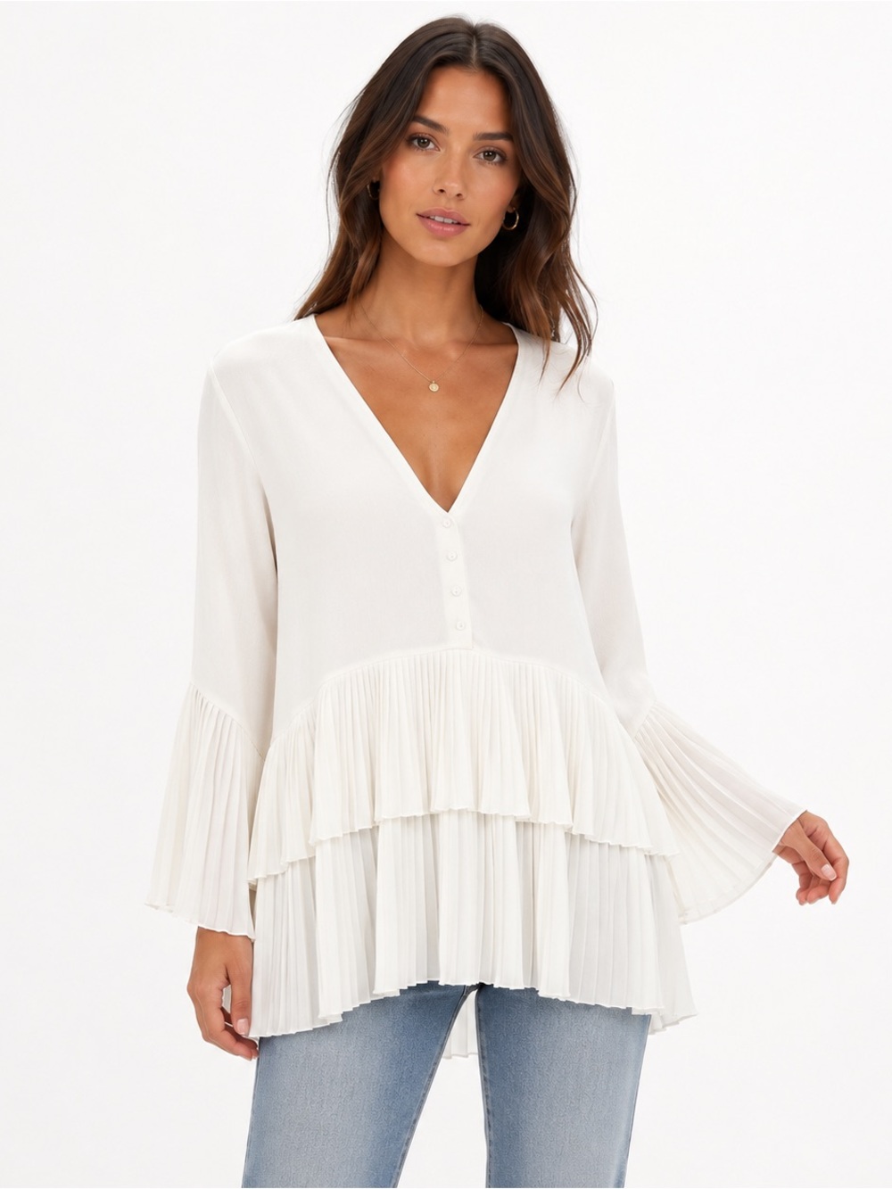 Zara White Pleated Ruffle Tunic Blouse V-Neck Bell Sleeve Size S